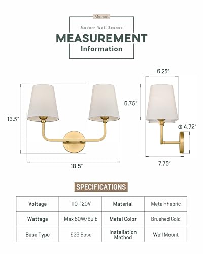 Image of 2 Light Bathroom Vanity Light, Brushed Gold Double Wall Sconce with Flared White Fabric Shade, Modern Sconces Wall Lighting for Hallway Bedroom Stairway, VL837-BG