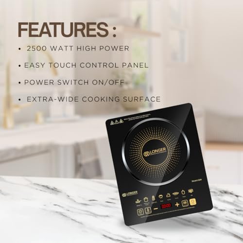 Image of LONGER Induction Cooktop with Dual Cooling Fan, LED Display, 8 Preset Cooking Modes, Touch Control Panel, Auto Shut-Off Safety, Fast Heating, Crystal Glass Portable Induction Burner - Black