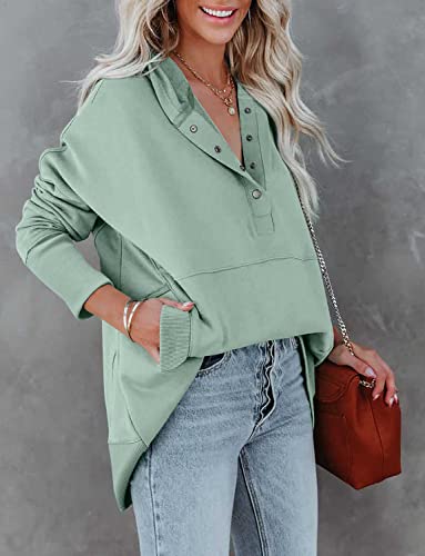 Onlypuff Button V Neck Sweatshirt Women Pullover Hoodies Juniors Pullover Winter Warm Top Long Sleeve Greyish Green With Pocket L #TOP3