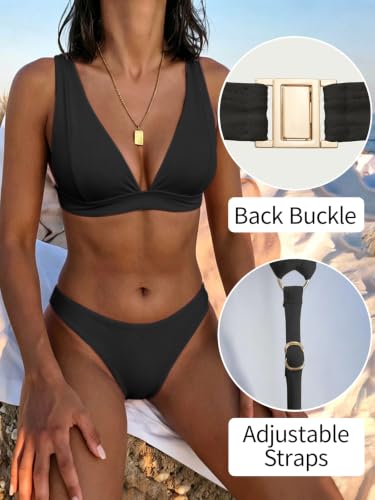 Image of Bathing Suits for Women Deep V Neck Sexy Two Piece Bikini Sets for Women Thong Halter Cheeky Swimsuit