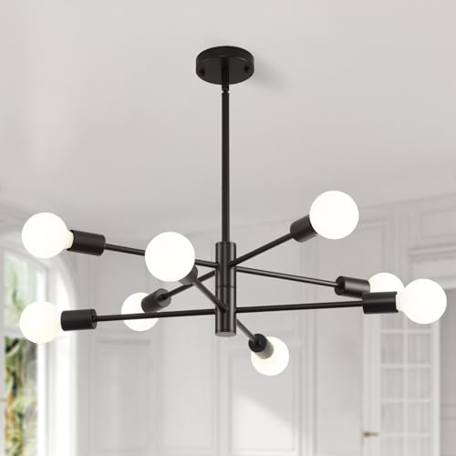 HHR Black Sputnik Light Fixture, 8-Light Modern Dining Room Chandelier, Height Adjustable Chandeliers for Kitchen Island Over Table, Mid Century Ceiling Lighting Fixture