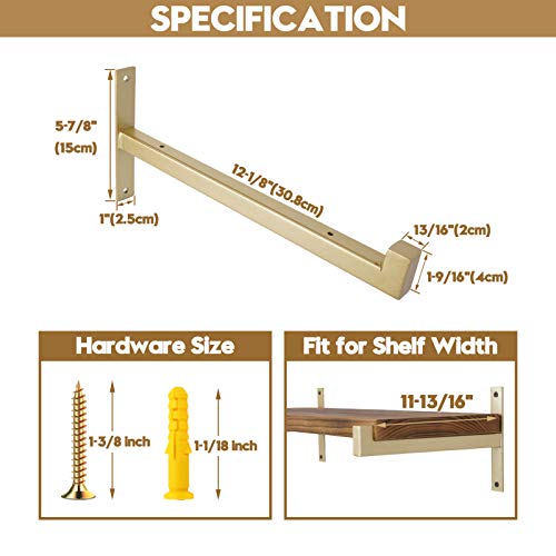 Addgrace 4 Pcs Heavy Duty Shelf Brackets Metal Gold Shelf Brackets Wall Mounted Rustic Floating Shelf Bracket With Lip（Gold） 12" #TOP1