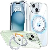 iPhone 15 用 ケース Magsafe対応 ワイヤレス充電 360°回転スタンド 縦横両対応 Gunwon スマホケース iphone15 用 米軍規格 耐衝撃 半透明 マット感 マグセーフ 防指紋 リング マグネット搭載 アイフォン15 用 カバー「クリア」