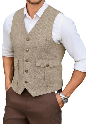 Men's Retro Herringbone Vest Single Breasted Tweed Blended Business Waistcoat with Pockets