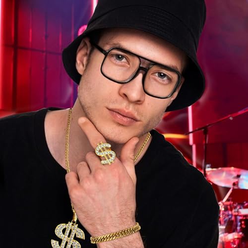 RIOSO 80s 90s Hip Hop Rapper Costume Kit for Men Fake Gold Chain Money Sign Necklace Hip Hop Rapper Accessories Outfit Jewelry - Thumbnail 3
