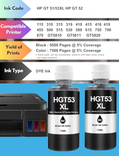 Image of ASV GT53XL & GT51XL Refill Ink Bottle (Black, 135ml Each, Pack of 2) - Compatible with 5810, 5811, 5820, 5821, 310, 315, 316, 319, 415, 416, 419 & Smart Tank 500, 510, 515, 610, 650, 700, 720 Printers