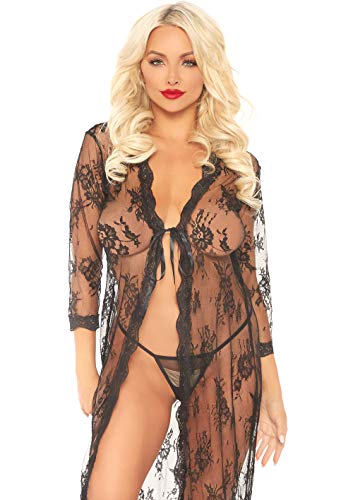 Déshabillé long en dentelle noire Leg Avenue 86102 avec string M/L