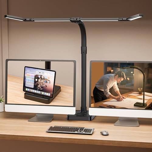 sandiea LED Desk Lamp for Home Office - 24W Bright Double Head Desk Light with Clamp Eye Caring Architect Task Light 25 Lighting Modes Adjustable Flexible Gooseneck Lamp (All Black)