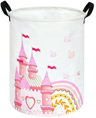 Image of MAIZMZ Kids Hamper Pink Castle Storage Bins Organizer Toy Box Laundry Basket Large Canvas Collapsible Chest for Home /Dorm /Kitchen /Pet /Office /Closet /Shelf /Gift Baskets