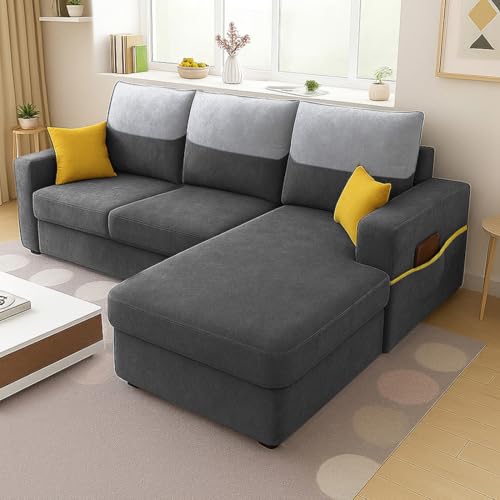 Image of Furny Tokiaa 4 Seater Fabric RHS L Shape Sofa Set (Dark Grey) | Soft Velvet Fabric | Modern Design | Comfortable Seating | Living Room Furniture