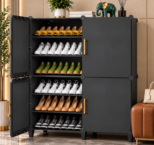 Image of Mevigo Plastic Shoe Rack for Home with Door | 9 Tier Stackable Shoe Organizer | Holds 18-Pairs |Waterproof & Dustproof | DIY Modular Shoe Cabinet |Chappal Slipper Stand (Grey-HF3, 12- Layer)