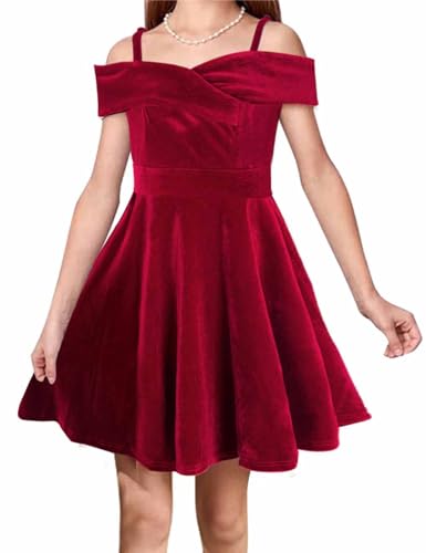 Teen Girls Princess Dresses Velvet Elegant Cold Shoulder A-line Swing Party Dress for Kids,8-14 Years