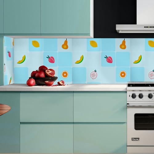 Image of SARVATRAY Self-Adhesive Wallpaper, Kitchen Stickers Oil Proof Heat Resistant, Wall Stickers for Kitchen, Wallpaper for Wall, Vinyl Sheet, Kitchen Wall 2 X 6.5 SQ FT (2 M Fruit Theme Blue WS)