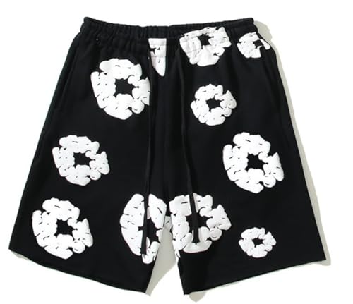 Image of Sybnwnwm Y2K Shorts Men Flower Print Graphic Shorts Cotton Drawstring High Waist Workout Athletic Shorts, Black, M