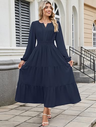 ZAFUL Womens Fall Maxi Dresses 2025 Puff Long Sleeve V Neck High Waist A Line Long Flowy Tiered Wedding Guest Dress Pockets4
