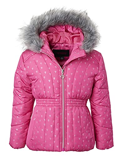 Sportoli Girl Winter Dot Heart Foil Print Puffer Jacket Coat Faux Fur Trim Hood - Berry Silver Hearts (Size 6X)2