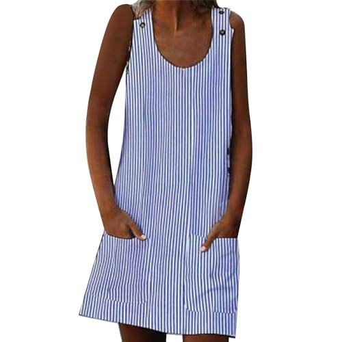 Leinenkleider für Damen, 2025, gestreiftes Camisole mit Taschen, Übergröße, blau, M