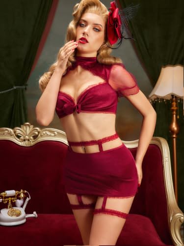 Image of Alrovetoney Sexy Lingerie Fantasy Costume Sexy Series Printed Cut-Out Slit Women's Costume Red S-XXL