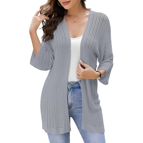 2025 Summer Women's Lightweight 3/4 Sleeve Crochet Cardigan Sweater Open Front Boho Beach Vacation Swimwear Outwear