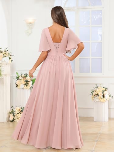 Women's Flutter Sleeve Chiffon Bridesmaid Dress with Pockets Scoop Neck A-line Long Formal Evening Dress with Slit3
