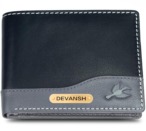 Image of HORNBULL Men's Personalized Wallet I Customized Slim Stylish Leather Purse with Name I Unique Birthday Gift for Men Boy Love Husband (Black /Gry)