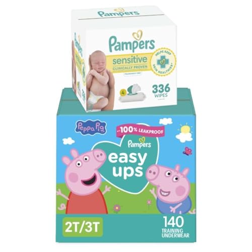 Image of Pampers Easy Ups Pull On Training Pants Peppa Pig, 2T-3T, One Month Supply (140 Count) with Sensitive Water Based Baby Wipes 4X Pop-Top Packs (336 Count)