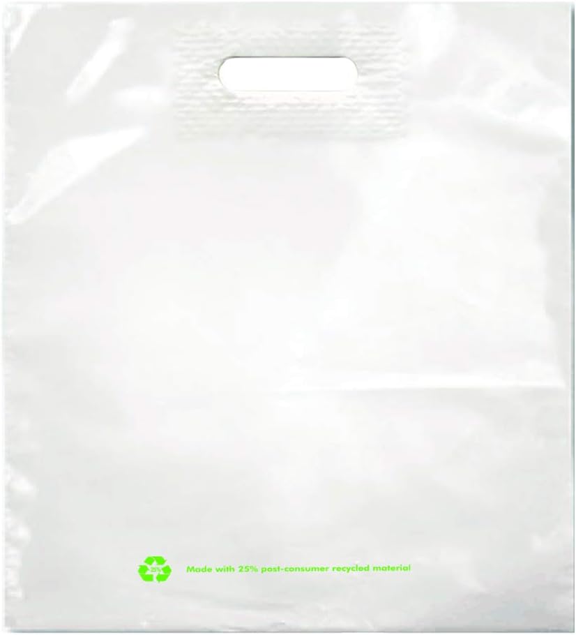 18 x 19 x 2.25 mil White 25% Post Consumer Recycled Plastic Merchandise Bags with Patch Handles, 4 Bottom Gusset, and Printed Recycled Message (Case of 500)