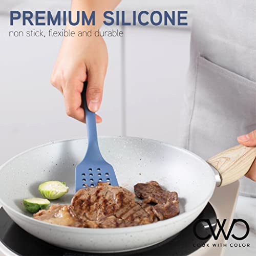 Cook With Color Silicone Spatula Set- 4 Piece Kitchen Utensil Set With 1 Large Silicone Spoon, 1 Mini Slotted Turner, 2 Mini Silicone Cooking Spoons (Navy) #TOP1