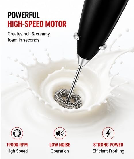 Image of Evie House Powerful High-Performance Hand Blender for Quick and Effortless Kitchen Tasks Milk Frother, Stainless Steel Drink Mixer with Frother Stand for Coffee Hot Chocolate (Black)