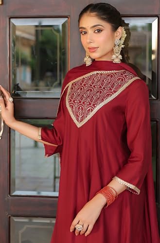 Image of Janasya Women's Maroon Chanderi Silk Embroidered Anarkali Kurta Set