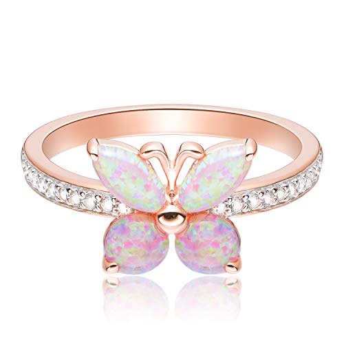 14K Rose Gold-Plated .925 Sterling Silver Created Pink Opal Butterfly Ring with Created White Sapphire-Accented Band - Size 5