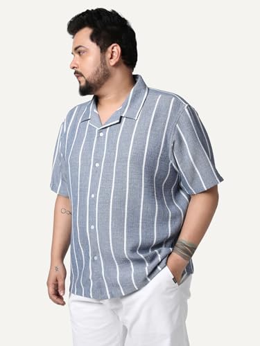 Image of Urbano Plus Men's Cotton Half Sleeve Relaxed Fit Linen Striped Shirt with Cuban Collar