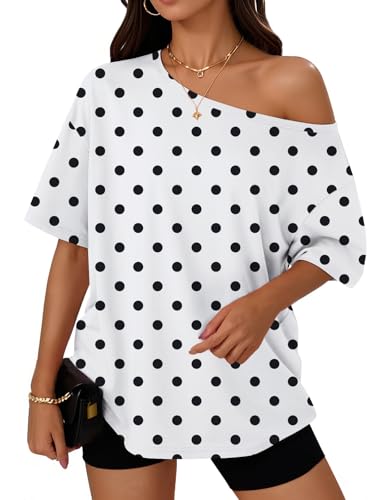 Image of Trendy Queen Womens Off the Shoulder Tops Oversized Summer T-Shirts 2026 | Breathable Strenchy Comfort Material Short Sleeve Basic Oversized Tees Casual Workout Gym Y2k Going Out Clothes