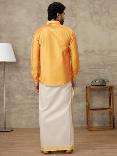 Image of RAMRAJ COTTON Men Parsley Silk Cotton Full Sleeves Shirt with Matching Border Tissue Dhoti Set