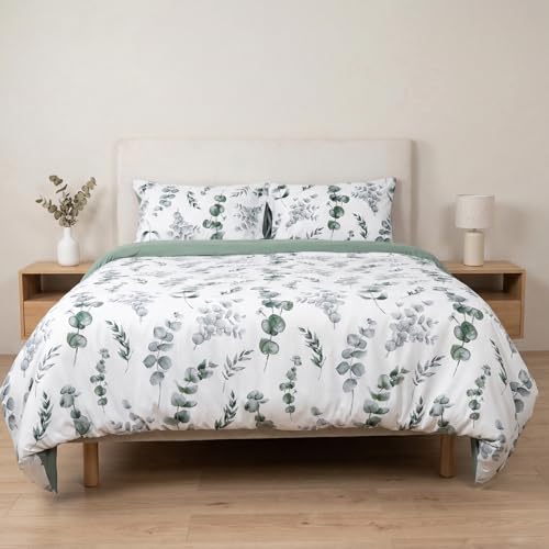 H HANSEL HOME Funda Nórdica Cama 135 – 4 Piezas – 100% Microfibra Suave y Transpirable – Funda Edredón 220x220 cm, Bajera 135x200+30 cm, 2 Fundas de Almohada 50x70 cm   Eucalipto