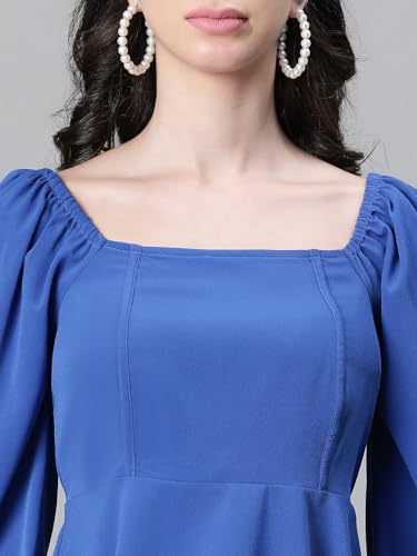 Image of Women Solid Round Neck Elasticated Polka Print Long Sleeve Top