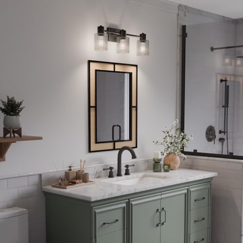 Image of Globe Electric 3-Light Vanity Light, Matte Black, Clear Ribbed Glass Shades