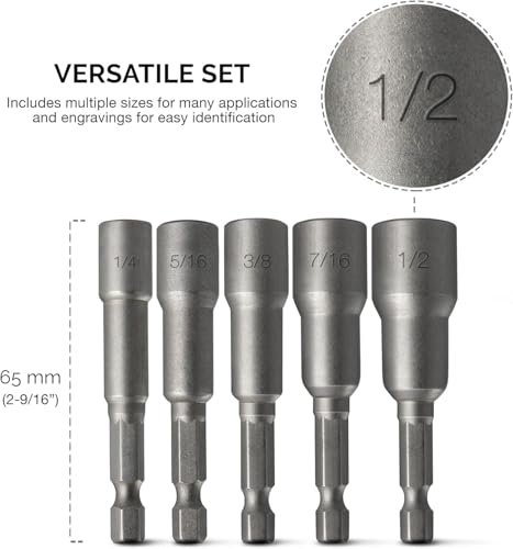 NEIKO 10066A 1/4” Hex Shank Magnetic Power Nut Driver Set | 5 Piece | SAE | Sizes 1/4" to 1/2” | Cr-V