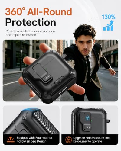 Image of for AirPods 4 Case with Lock (Black) | Compatible with MagSafe,with Phone Stand,with Automatic Snap Switch Carbon Fiber Design Protection Cover with Cleaning Pen