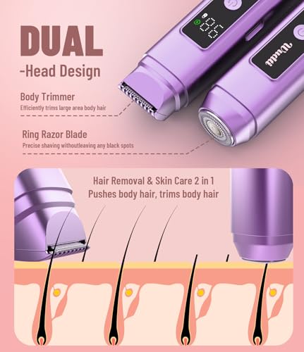 Image of Electric Bikini Trimmer for Women: Razor & Shaver with Dual Heads for Body Pubic Hair, IPX7 Waterproof with LED Display - Rechargeable Lady Trimmer for Underarm Body Leg Face - Violet