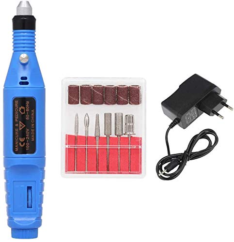 AZOREX Torno para Uñas Manicura Lima Pulidor Eléctrico para Manicura y Pedicura con 6 Cebeza de Lijar (Azul)