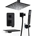 RTOBWEYE 12 Inch Shower Faucet Set, Rainfall Shower System with High Pressure Handheld Shower Head, Bathroom Mixer Shower Set Ceiling Mounted Rough-in Valve and Trim Kit, Matte Black, with Tub Spout