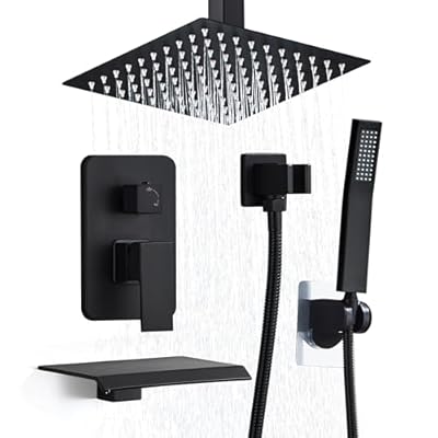 RTOBWEYE 12 Inch Shower Faucet Set, Rainfall Shower System with High Pressure Handheld Shower Head, Bathroom Mixer Shower Set Ceiling Mounted Rough-in Valve and Trim Kit, Matte Black, with Tub Spout