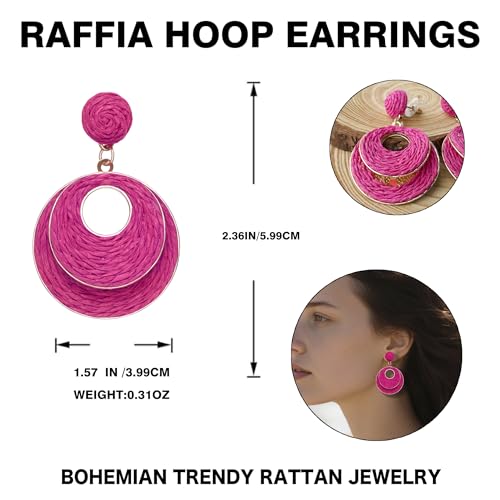 Image of Raffia Hoop Earrings for Women - Boho Straw Wiker Dangle Drop Earrings for Summer Beach, Bohemian Trendy Rattan Jewelry