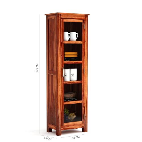Image of Wooden Bookcases Solid Sheesham Wooden 1 Door 4 Selves with Storage Rack Showcase Organizer for Living Room Home&Office Hollway Kitchan, Bedroom, Brown Honey Natural Finish