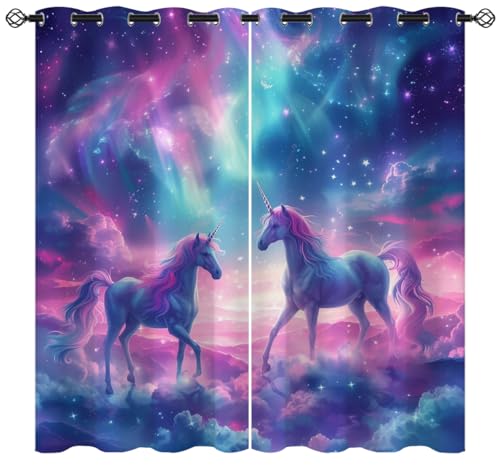 Fantasy Unicorn Blackout Curtains for Girls Boys Kids Teens Home Decor, Cute Starry Sky Stars Galaxy Grommet Thermal Insulated Drapes Darkening Window Curtain for Bedroom Living Room, 42 x 63 Inch