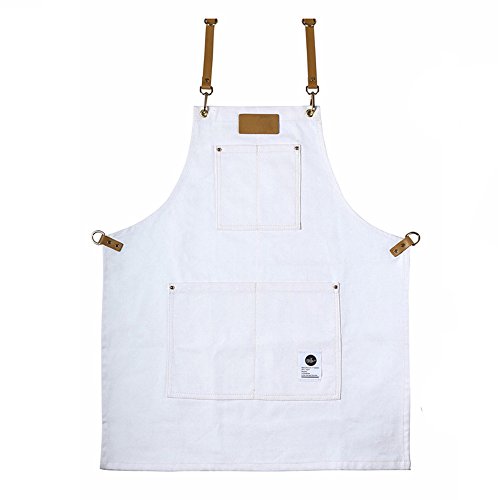 M L Size Leather Strap Custom Canvas Apron for Men Barbershop Hairdresser Women Kitchen Personalized Barbershop Coffee Apron Utility Apron With Pockets (M, White)