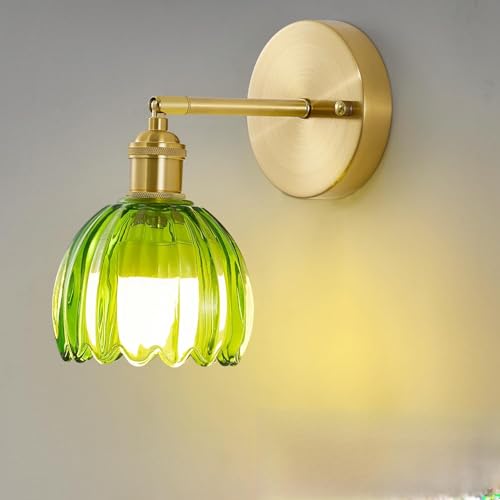 Image of Vintage Battery Operated Wall Sconces with Remote, 180 Degree Adjustable, Modern Battery Powered Wall Lighting Fixture with Green Tulip Glass Lampshade for Bedroom Bedside Bathroom
