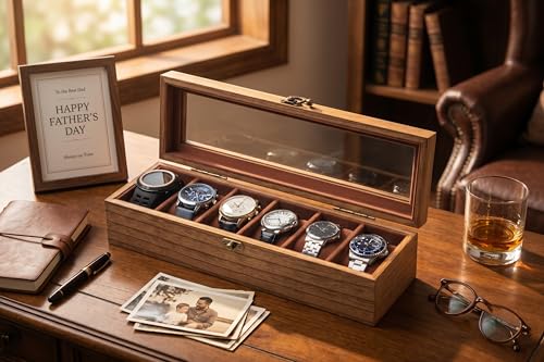 Image of Watch Box for Men and Women - Large Glass Lid, Wooden Display Storage Case With 6 Slots, Retro Burlywood Organizer