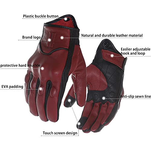 Harssidanzar Motorcycle Gloves for Men,Leather Touch Screen Riding Driving Gloves GM028US,Oxblood/Black,SizeM